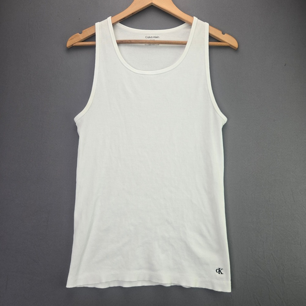 Calvin Klein Tank Top Classic Fit Size M White Ribbed Cotton Sleeveless CK Logo